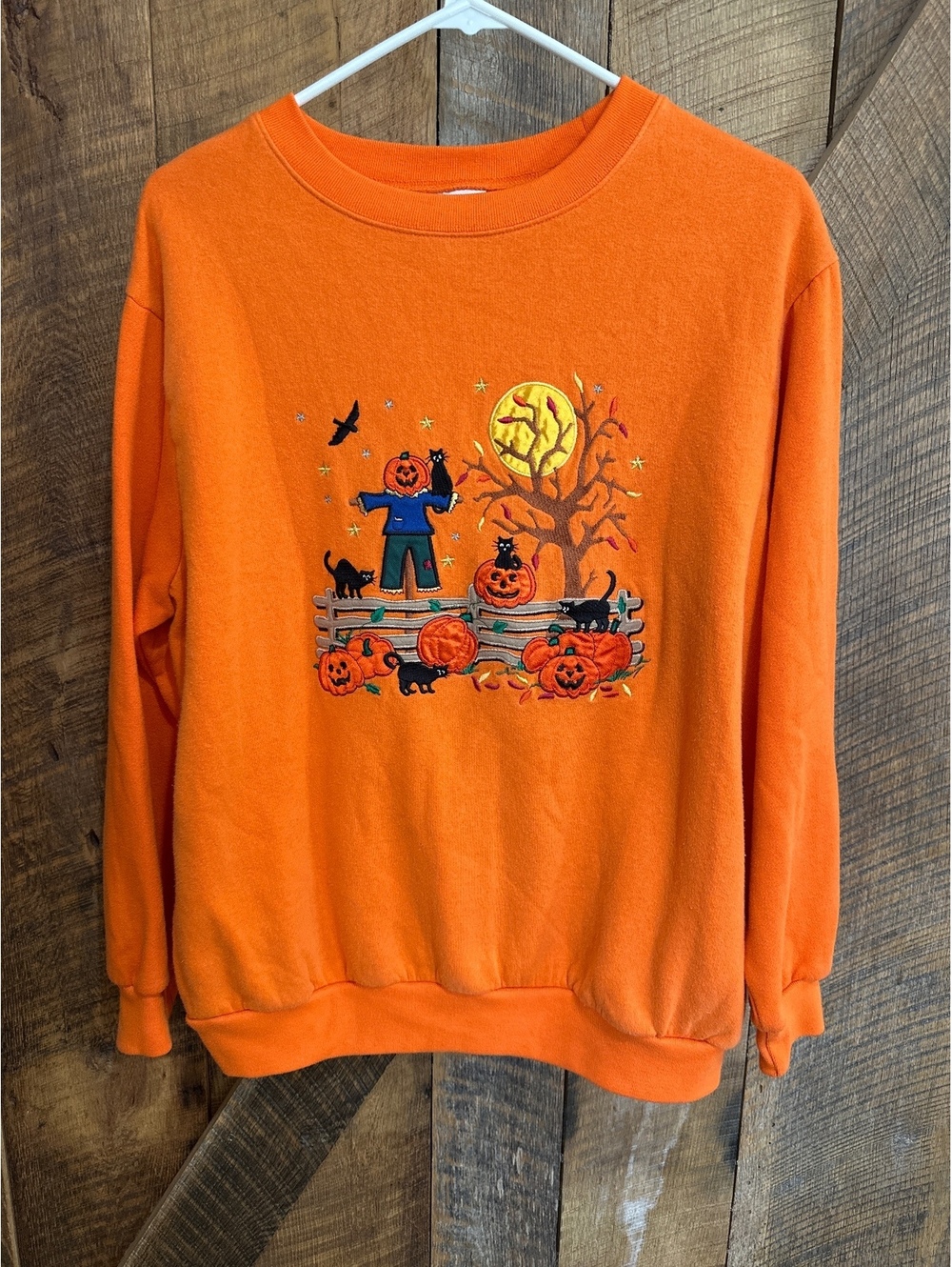 VTG 90s Basic Editions Halloween Sweatshirt XL Orange Embroidered Scarecrow Cat